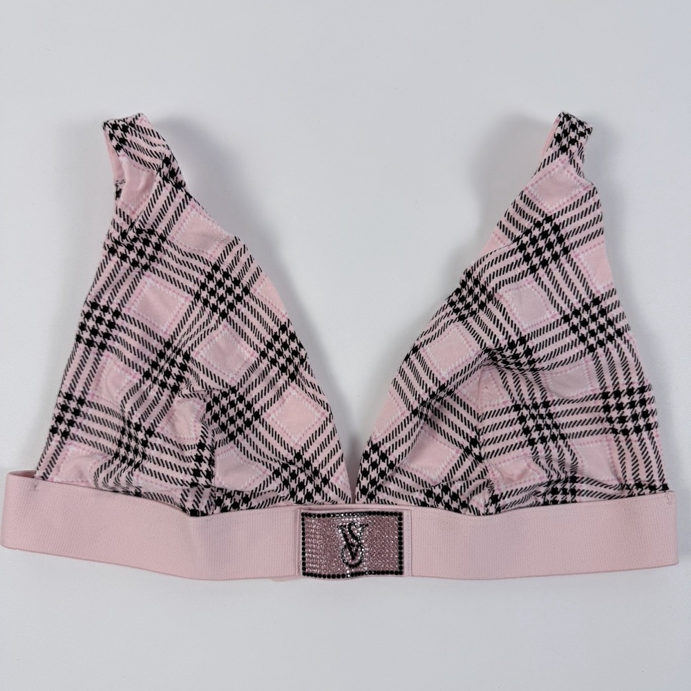 Victoria's Secret T-Shirt Shine Patch Wireless Plunge Bralette Pink Plaid S NWT